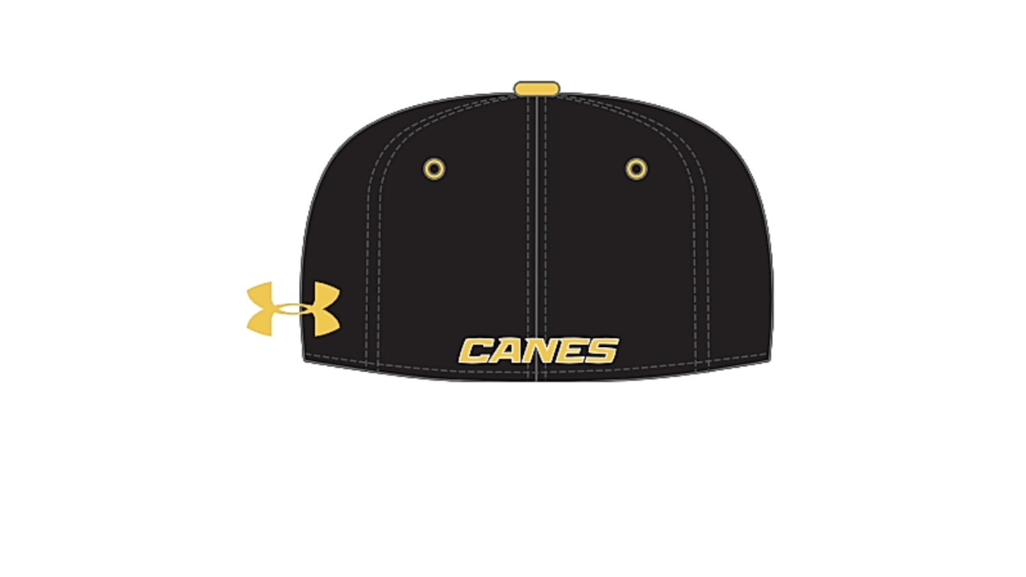 Black cap with yellow accents and 'Canes' branding on a white background