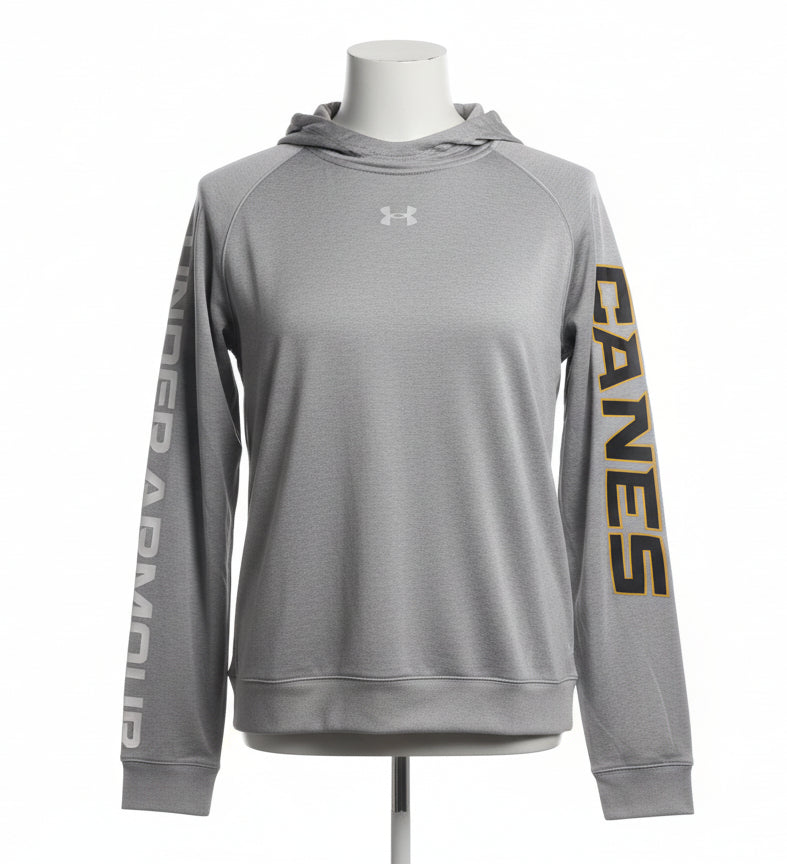 A gray Under Armour hoodie with the text 'CANES' printed in black on the front.