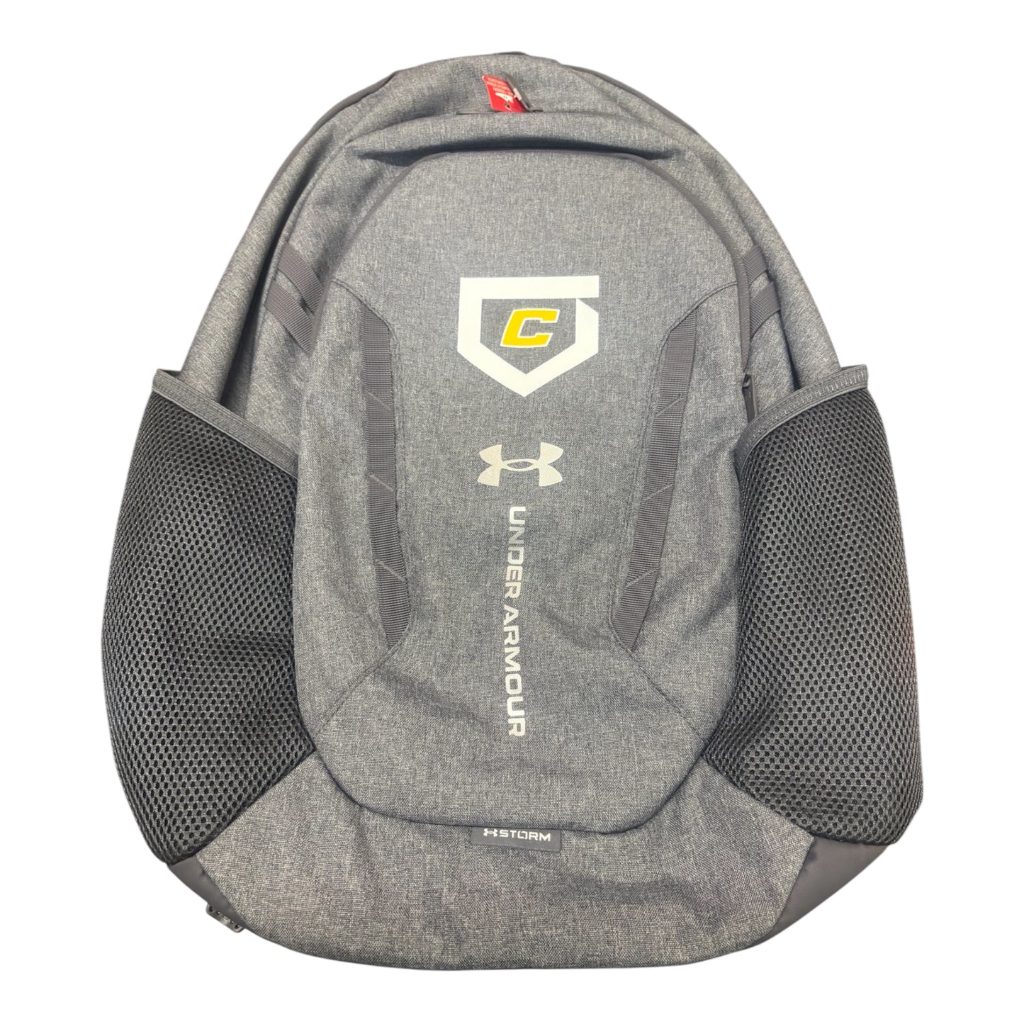 Gray backpack with Under Armour logo/Canes logo, a shoulder strap and multiple compartments.