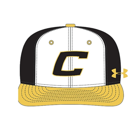 Black, white, and yellow cap with a Canes logo on a white background