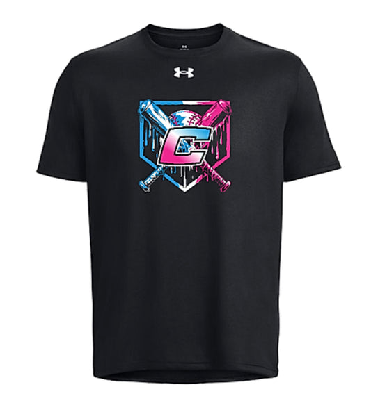 Black t-shirt with colorful graphic design and Under Armour logo on a white background